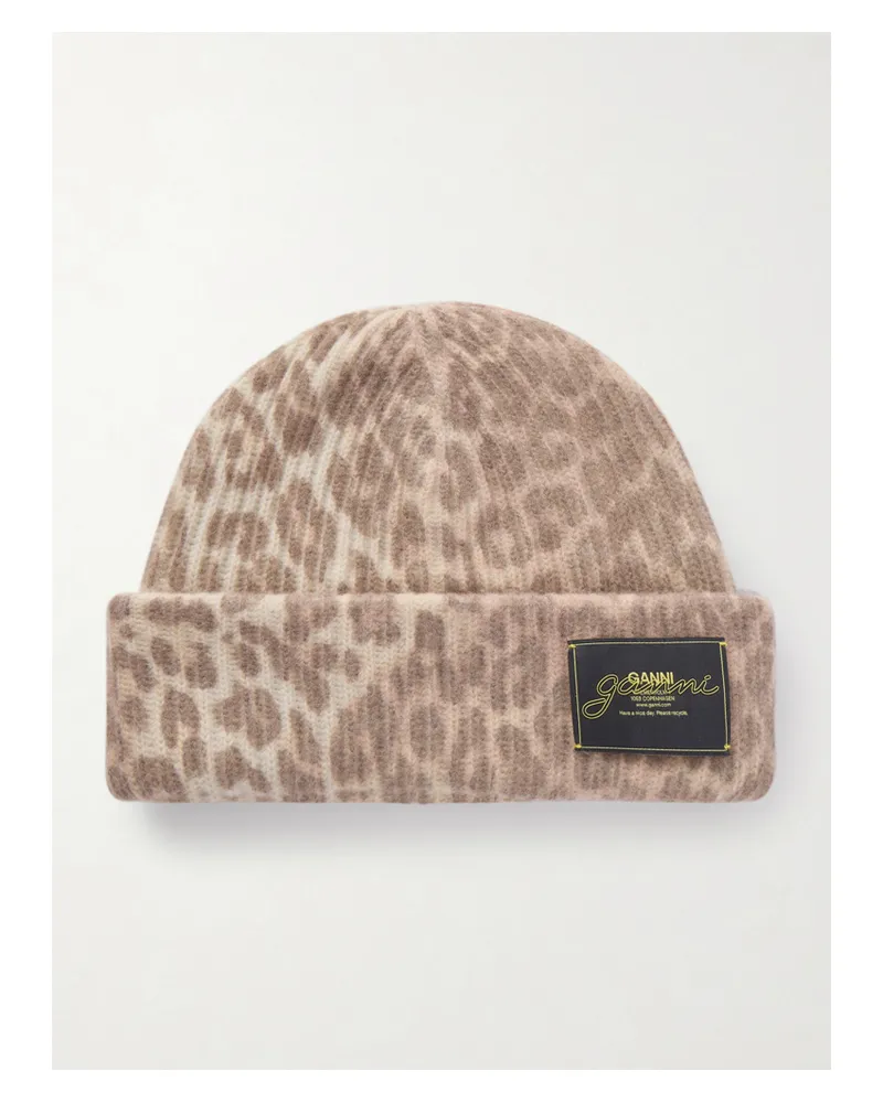 Ganni Leopard-print Ribbed-knit Beanie - Animal print Animal