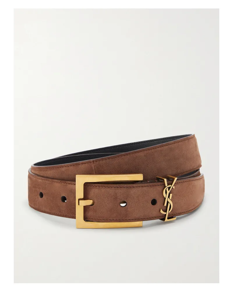 Saint Laurent Cassandre Embellished Suede Belt - Brown Brown