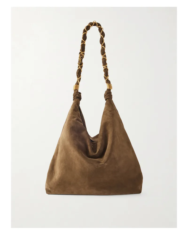 Saint Laurent Amalia Embellished Suede Shoulder Bag - Brown Brown