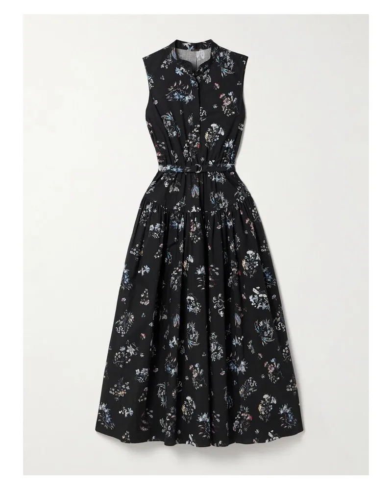 Adam Lippes Midikleid Aus Baumwollpopeline Mit Blumenprint Und Gürtel - Schwarz Schwarz