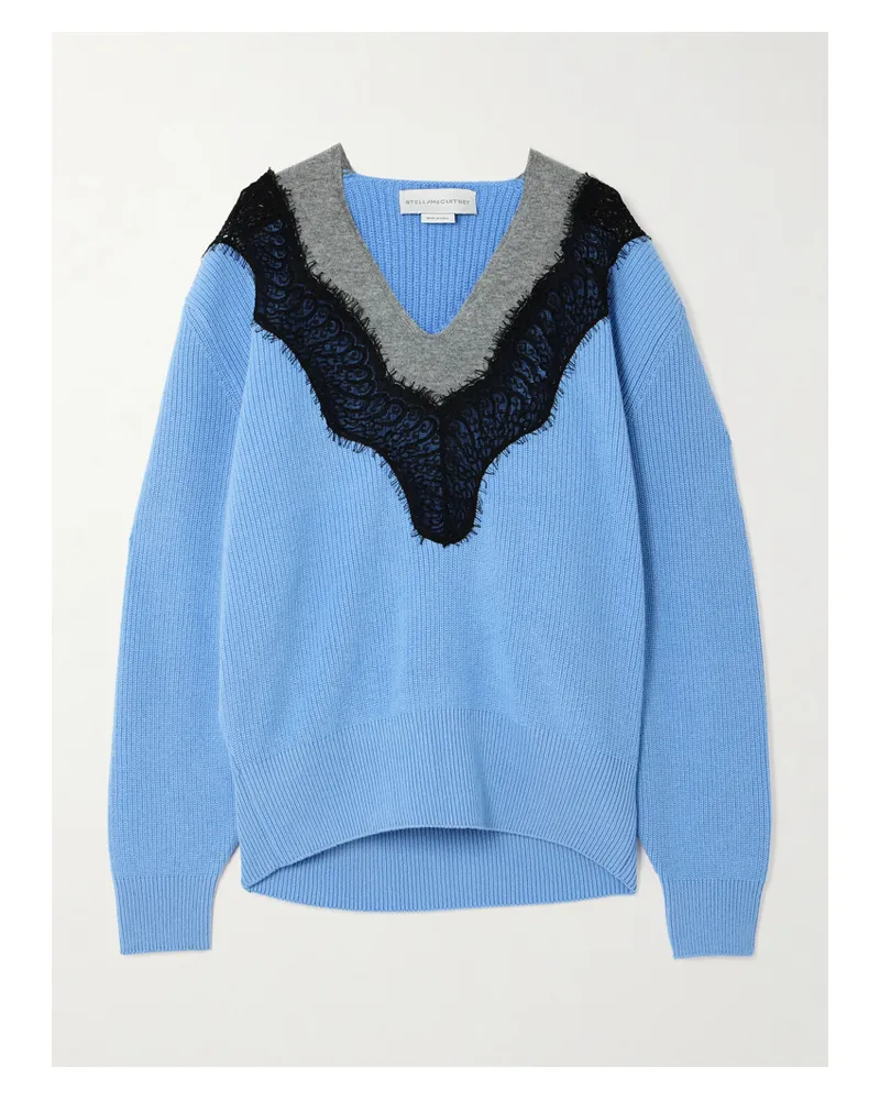 Stella McCartney Oversized-pullover Aus Gerippter Wolle Mit Spitzeneinsatz - Blau Blau