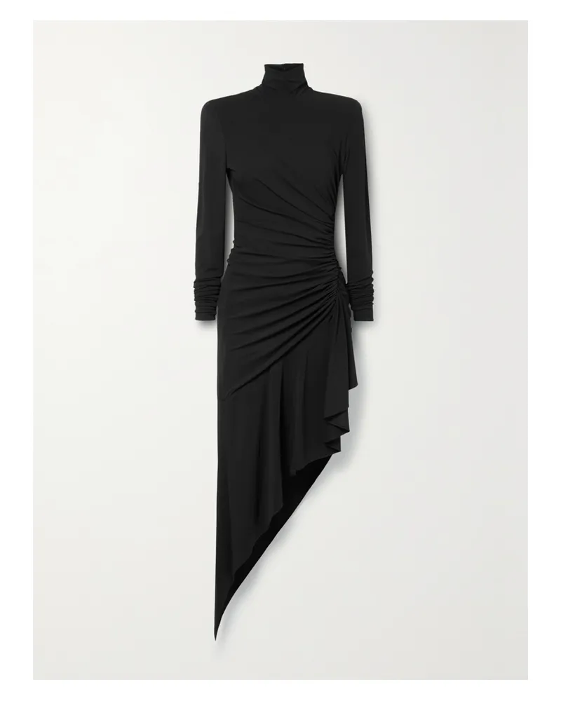 Alexandre Vauthier Asymmetrisches Midikleid Aus Stretch-jersey Mit Raffungen Und Stehkragen - Schwarz Schwarz