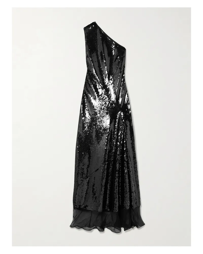 Stella McCartney One-shoulder Chiffon-trimmed Sequined Tulle Gown - Black Black