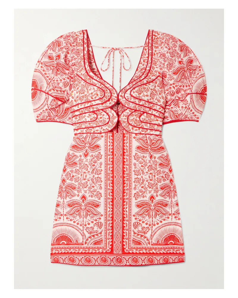 FARM Rio River Ride Minikleid Aus Einer Leinenmischung Mit Blumenprint Und Cut-outs - Rot Rot