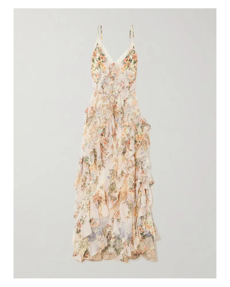 Camilla Maxikleid Aus Seidenchiffon Mit Blumenprint, Volants Und Spitzenbesatz - Mehrfarbig Mehrfarbig