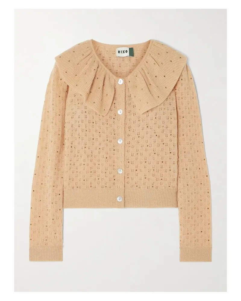 RIXO Jelena Cardigan In Pointelle-strick Mit Volant Und Kristallen - Neutral Neutral