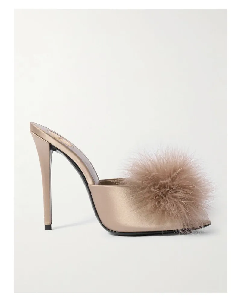 Saint Laurent Goldie Mules Aus Satin Mit Federn - Pink Pink