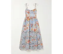 Awaken Midikleid Aus Leinen Mit Lochstickerei Und Blumenprint - Blau