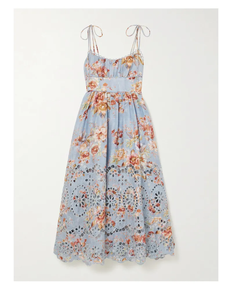 Zimmermann Awaken Midikleid Aus Leinen Mit Lochstickerei Und Blumenprint - Blau Blau