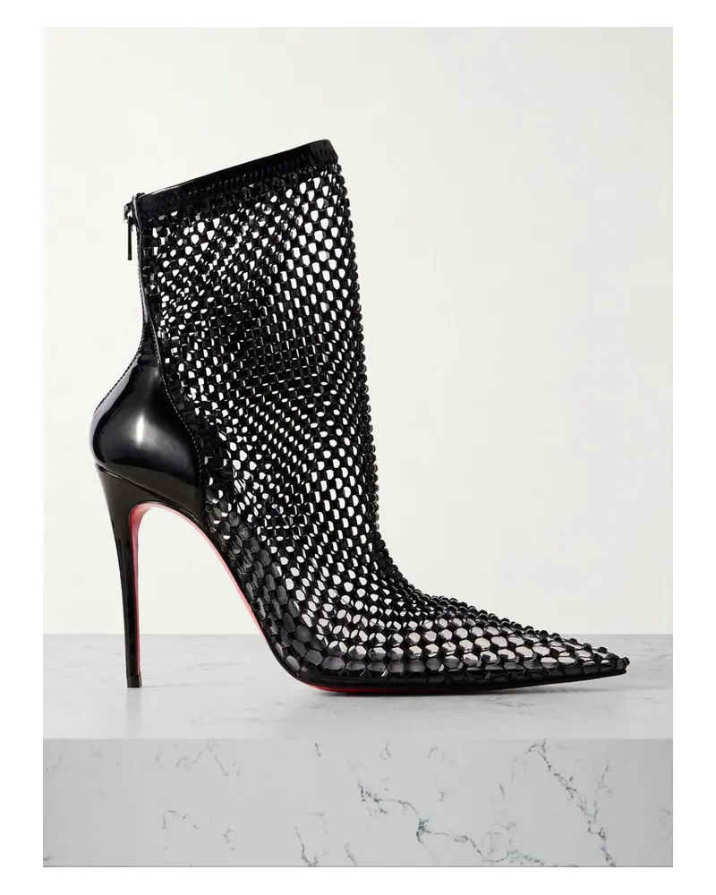 Christian Louboutin Kate Max 100 Ankle Boots Aus Lackleder Und Mesh Mit Kristallen - Schwarz Schwarz
