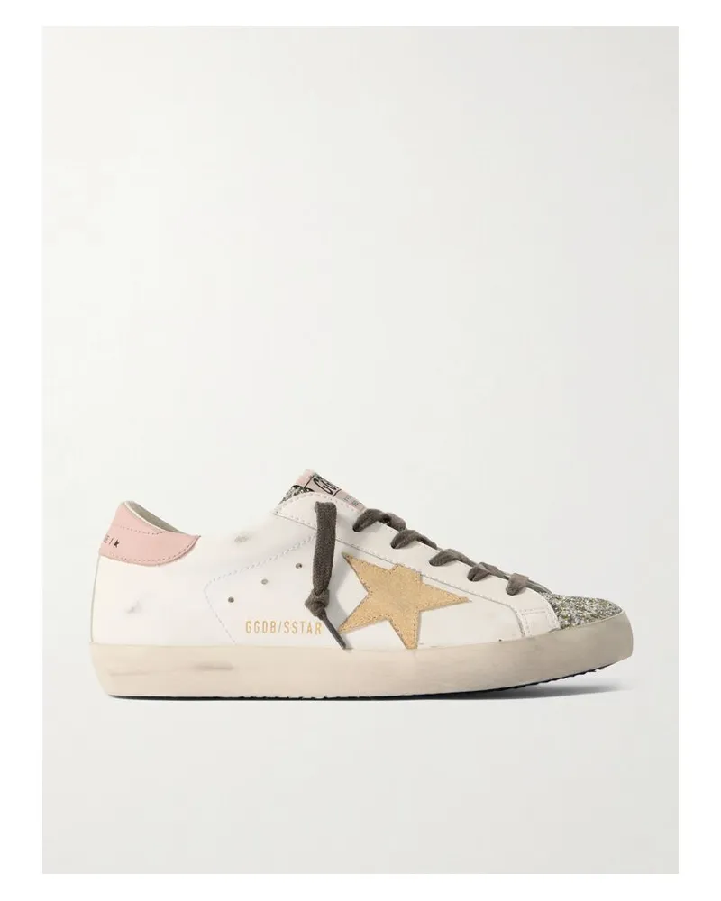 Golden Goose Super-star Sneakers Aus Leder Mit Glitter-finish Und Velourslederbesätzen In Distressed-optik - Weiß Weiß