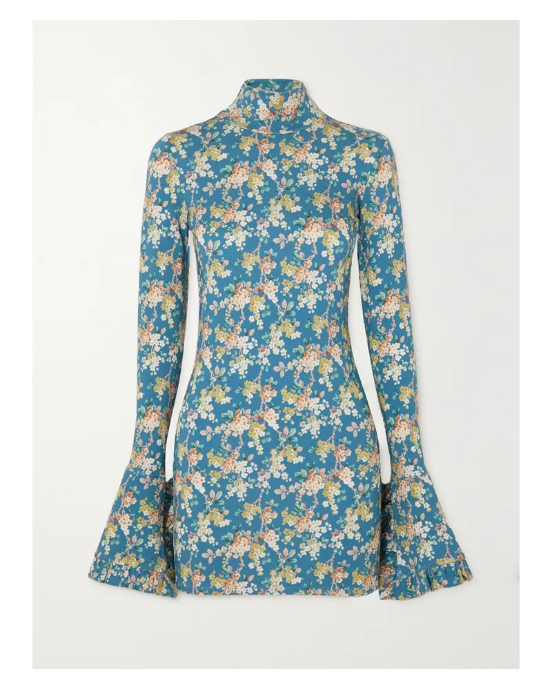 LES RÊVERIES Minikleid Aus Stretch-jersey Mit Blumenprint, Rollkragen, Rüschen Und Rückenausschnitt - Blau Blau