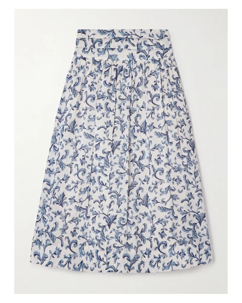 Posse Rue Pleated Printed Linen And Silk-blend Midi Skirt - Blue Blue