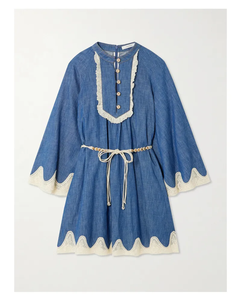 Zimmermann Awaken Mini-jeanskleid Mit Spitzenbesätzen Und Bindegürtel - Blau Blau