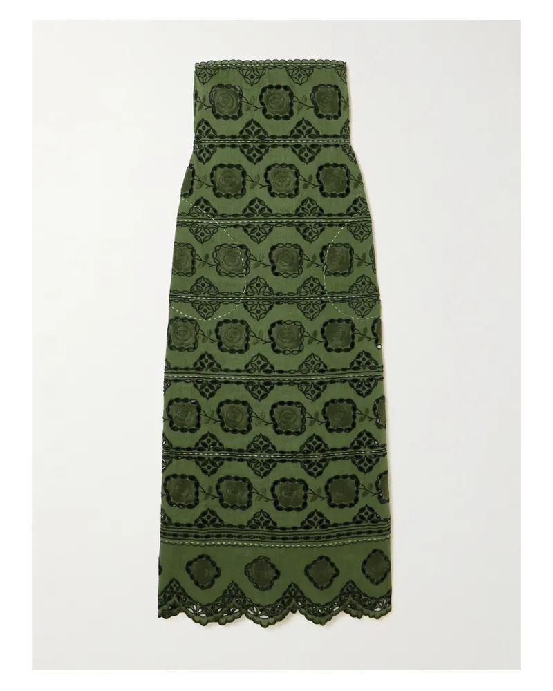 VITA KIN Grace Trägerloses Midikleid Aus Leinen Mit Stickereien Und Wellenkante - Grün Grün