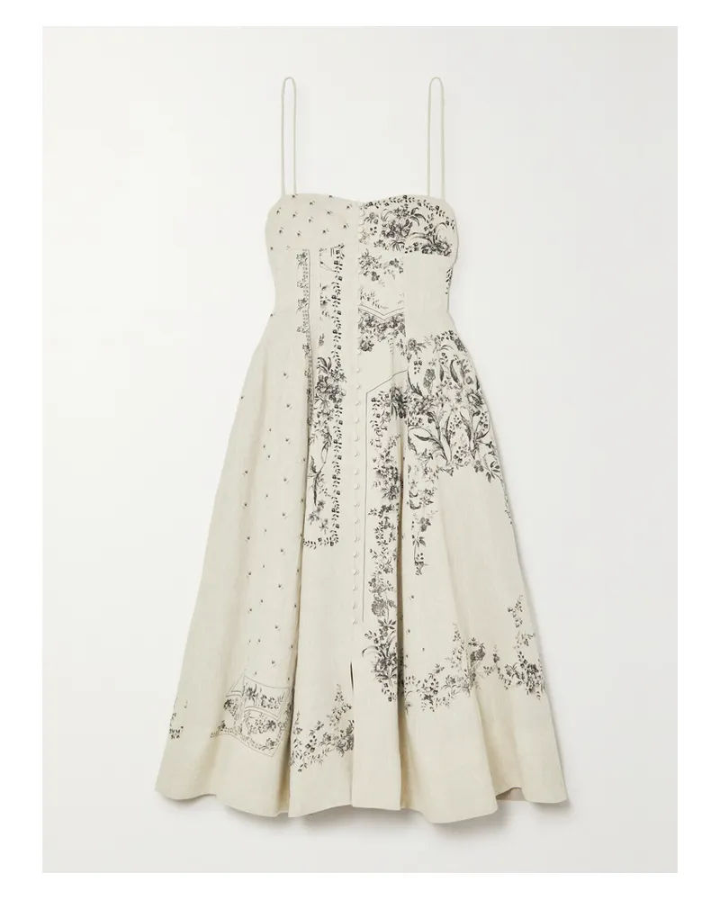 Erdem Catalina Midikleid Aus Leinen Mit Blumenprint - Ecru Ecru