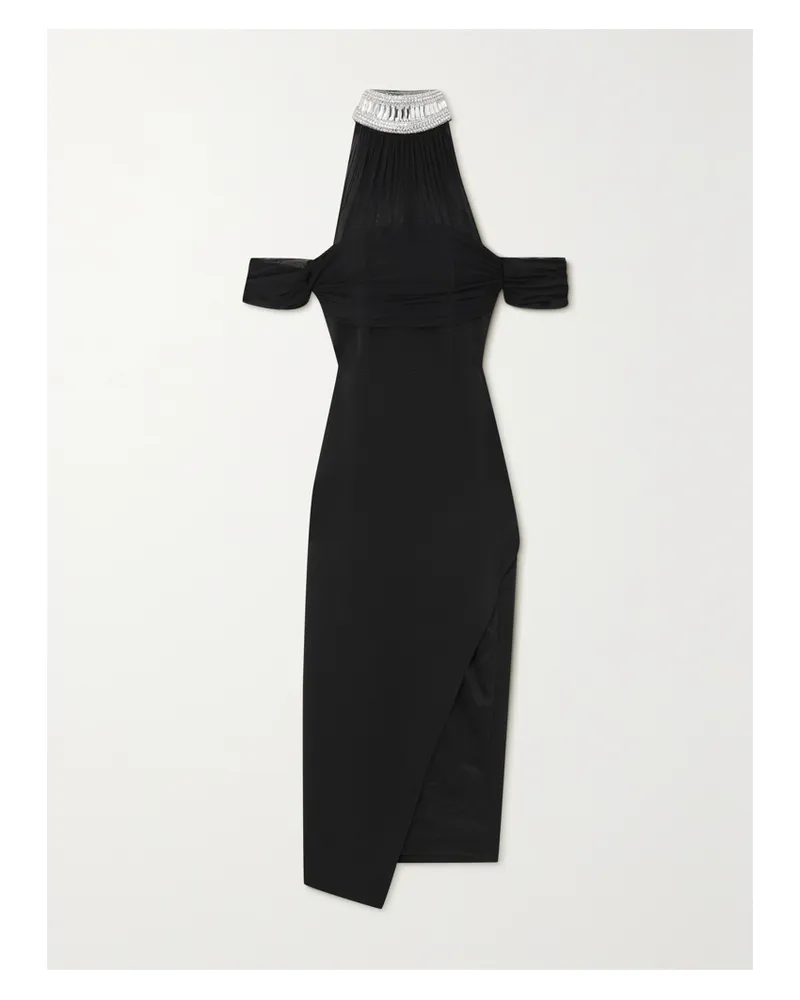 David Koma Schulterfreies Midikleid Aus Cady Mit Stretch-tülleinsätzen Und Verzierungen - Schwarz Schwarz