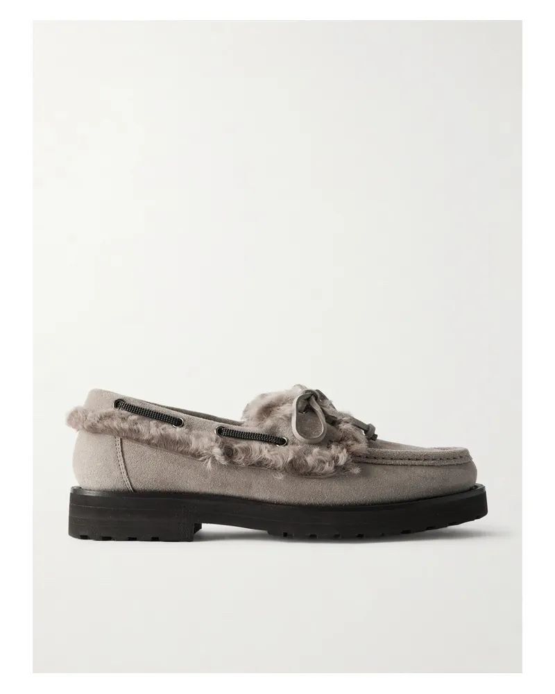 Brunello Cucinelli Loafers Aus Veloursleder Mit Shearling-besätzen Und Zierperlen - Grau Grau
