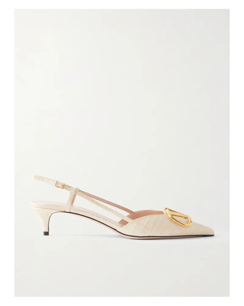 Valentino Garavani Vlogo 40 Embellished Croc-effect Leather Slingback Pumps - Cream Cream