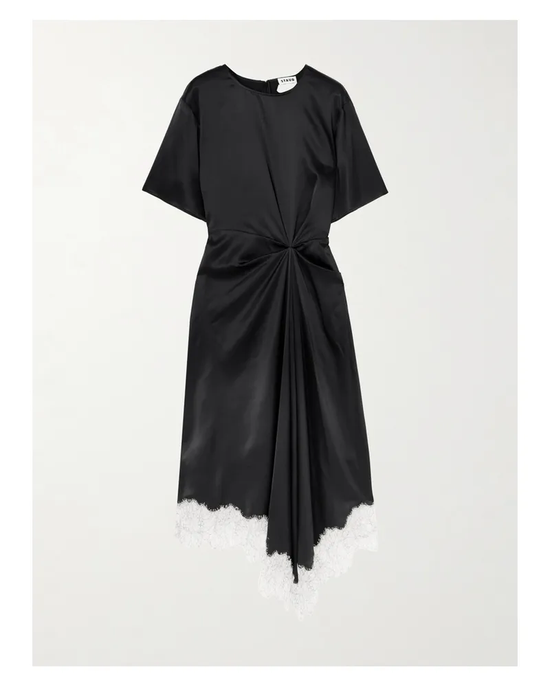 STAUD Sonoma Asymmetrisches Midikleid Aus Satin Aus Einer Seidenmischung Mit Raffungen Und Spitzenbesatz - Schwarz Schwarz