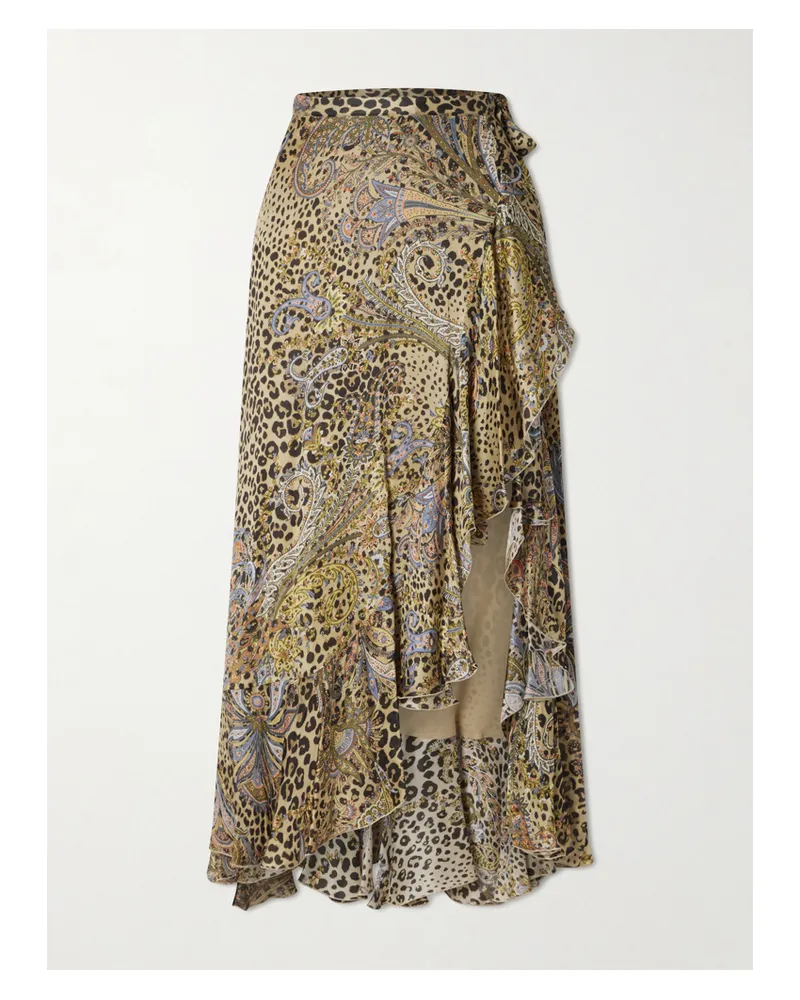 Etro Ruffled Leopard And Paisley-print Silk-satin Midi Wrap Skirt - Animal print Animal