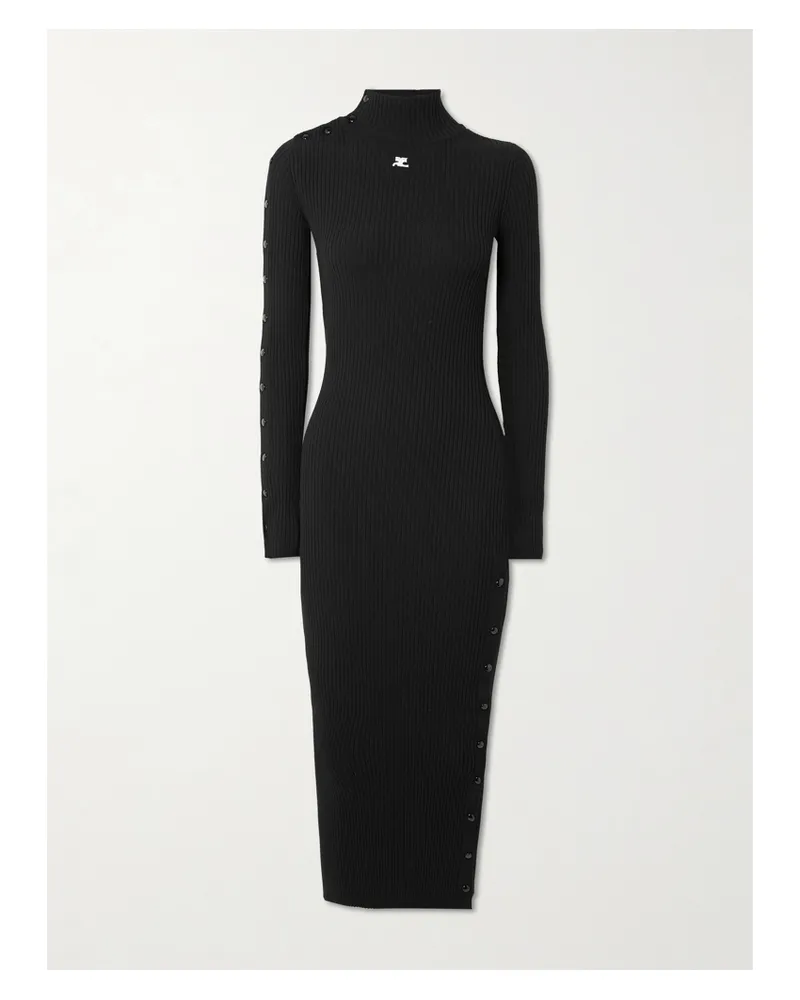 Courrèges Midikleid Aus Rippstrick Mit Rollkragen Und Stickerei - Schwarz Schwarz