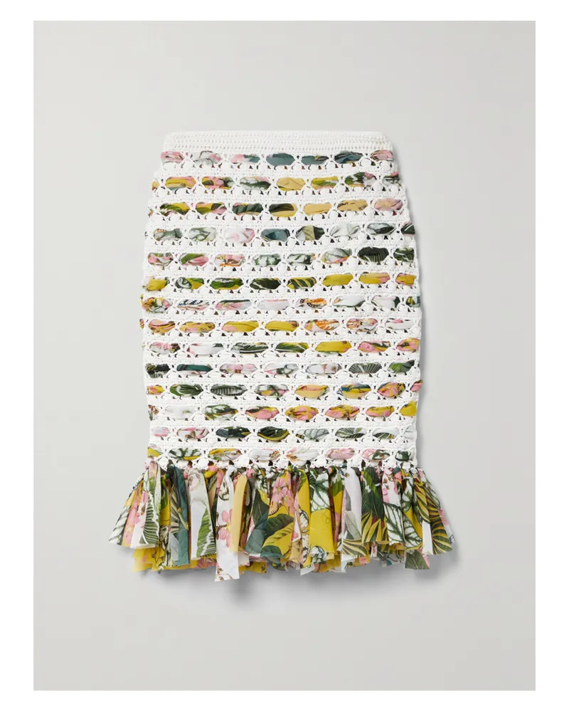 Oscar de la Renta Rock Aus Baumwolle In Häkelstrick Und Bedrucktem Chiffon Mit Fransen - Elfenbein Elfenbein