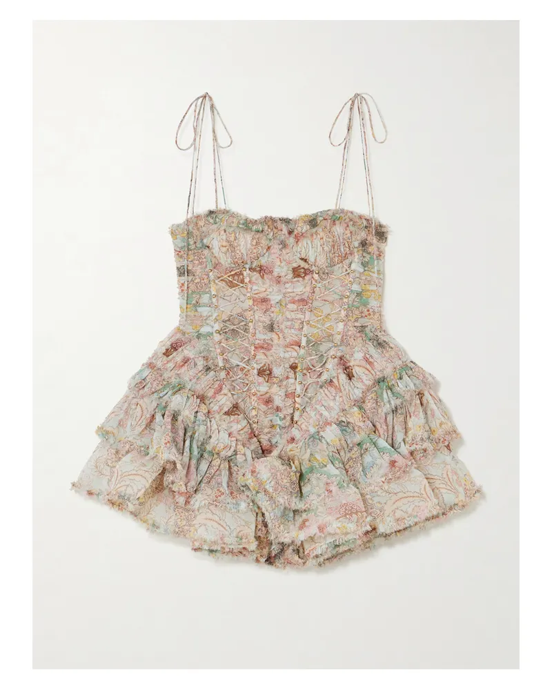 Zimmermann Rebellion Bead-embellished Ruffled Printed Silk Mini Dress - Pink Pink