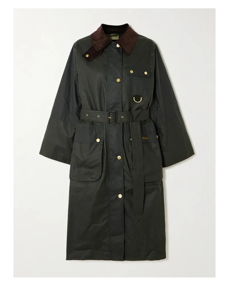 Barbour Milda Corduroy-trimmed Waxed-cotton Trench Coat - Green Green