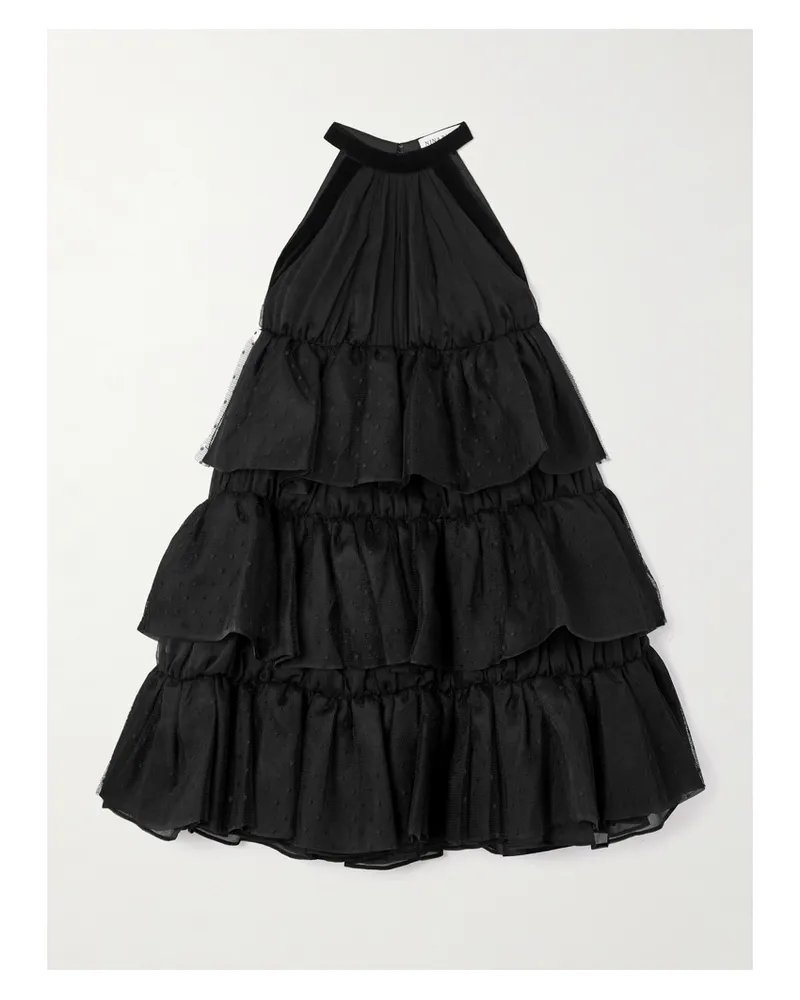 Nina Ricci Neckholder-minikleid Aus Seidenchiffon In Knitteroptik Und Mesh Mit Punkten Und Volants - Schwarz Schwarz