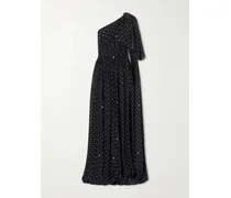 One-shoulder Polka-dot Chiffon Gown - Black