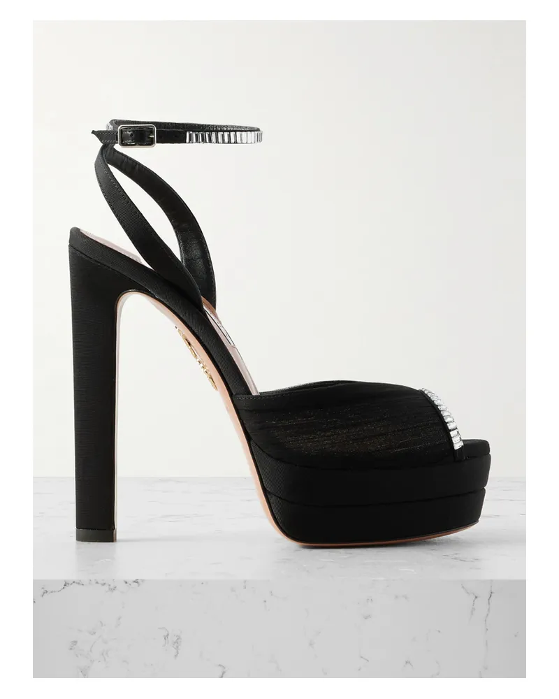 Aquazzura Be Mine Plateau 130 Plateausandalen Aus Plissiertem Chiffon Mit Ripsband Und Kristallen - Schwarz Schwarz