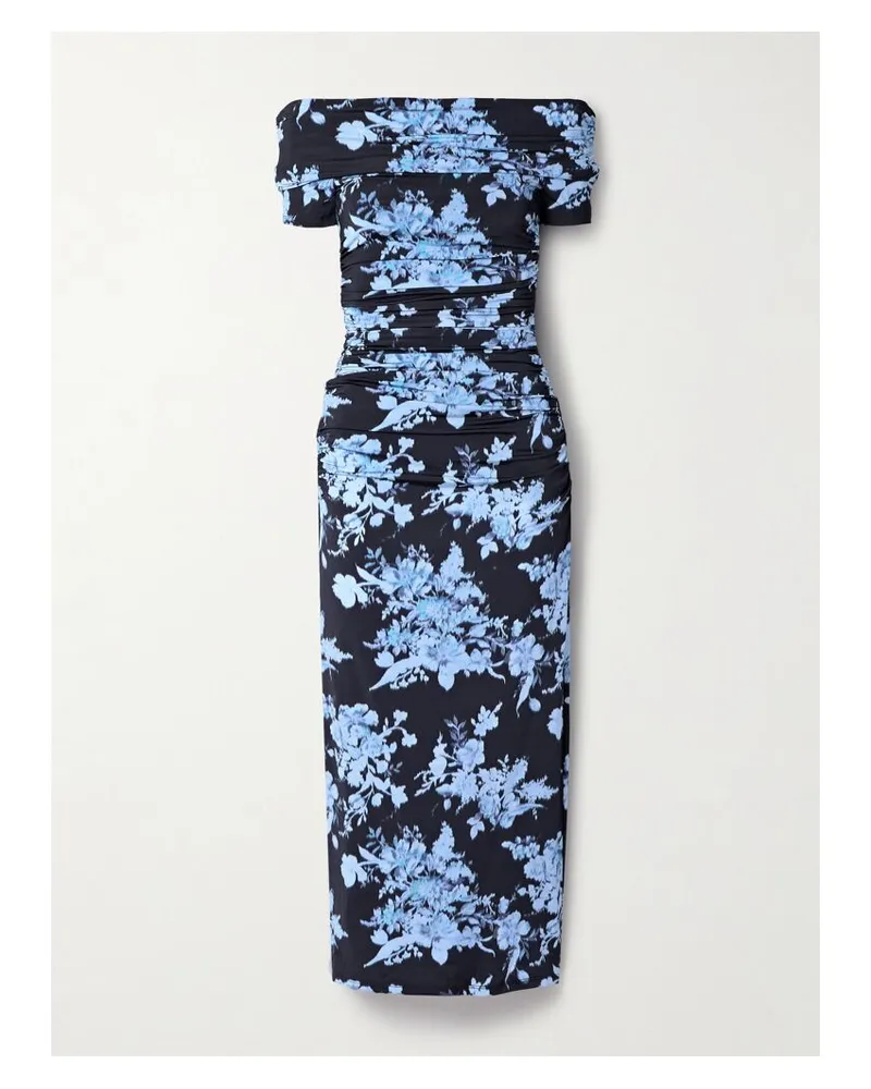 Carolina Herrera New York Schulterfreies Midikleid Aus Stretch-jersey Mit Blumenprint Und Raffungen - Blau Blau