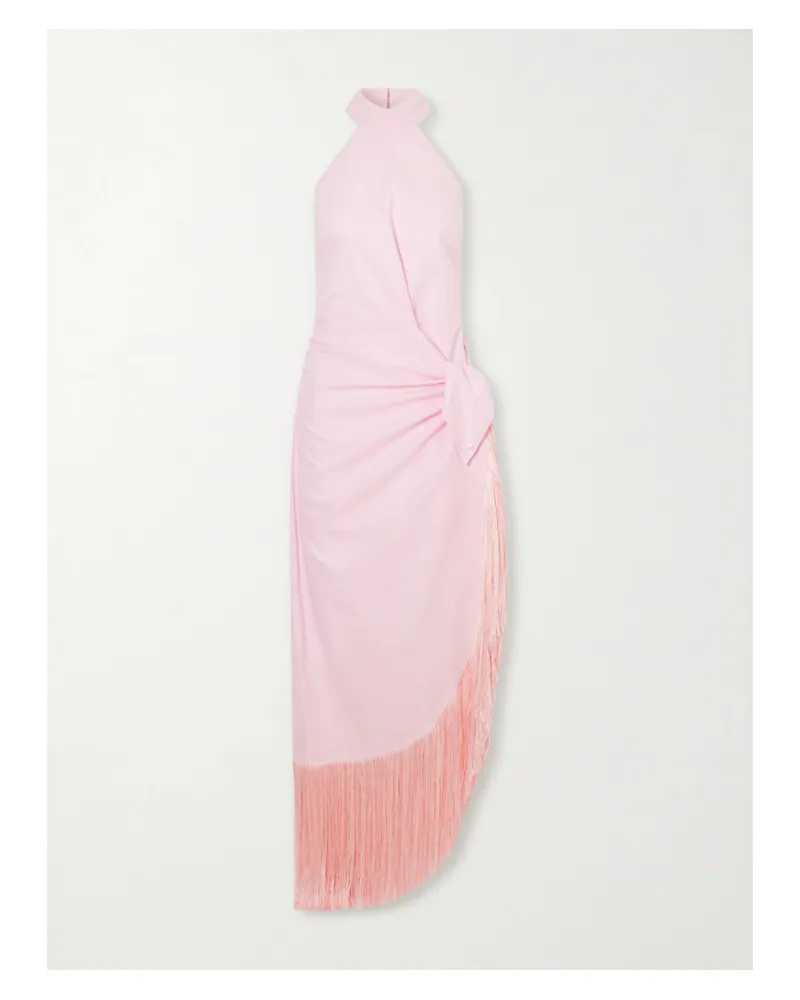 Taller Marmo Athena Halterneck Fringe-trimmed Linen Midi Dress - Pink Pink