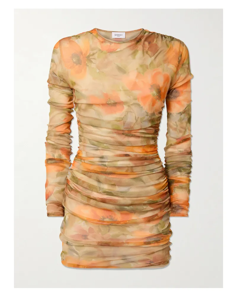 Saint Laurent Ruched Floral-print Tulle Mini Dress - Orange Orange