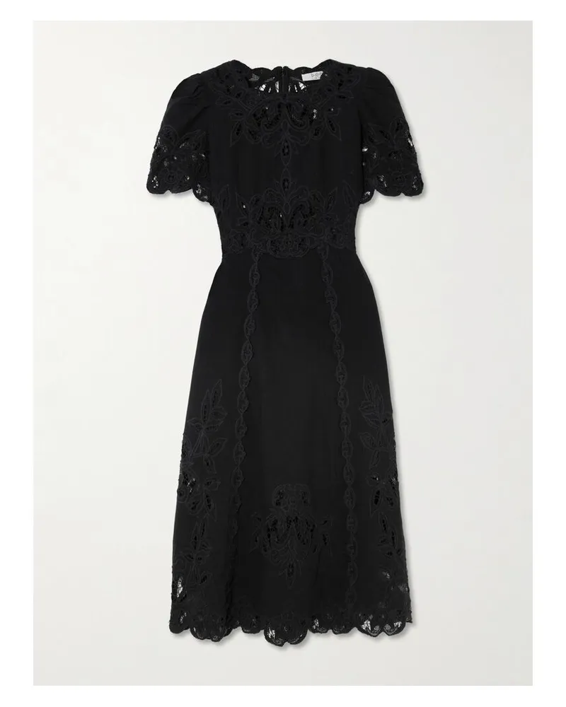 Sea Gianna Midikleid Aus Einer Baumwoll-leinenmischung Mit Stickereien Und Einsätzen Aus Guipure-spitze - Schwarz Schwarz
