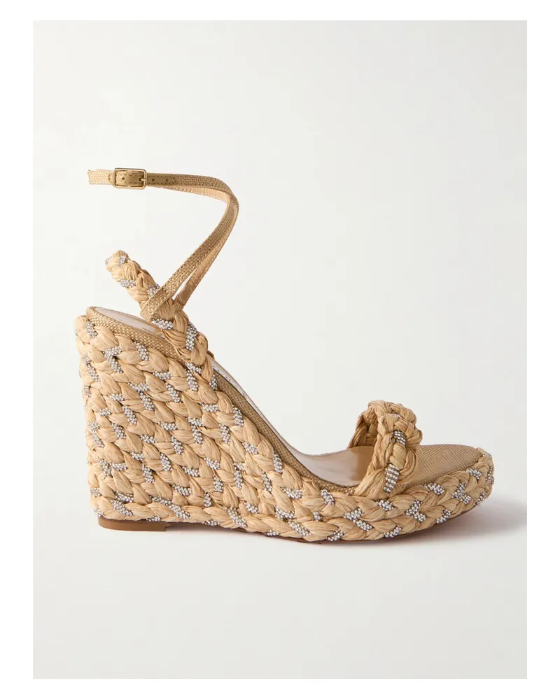 Aquazzura Costiera 120 Crystal-embellished Cord-trimmed Raffia Platorm Wedge Sandals - Neutrals Neutrals