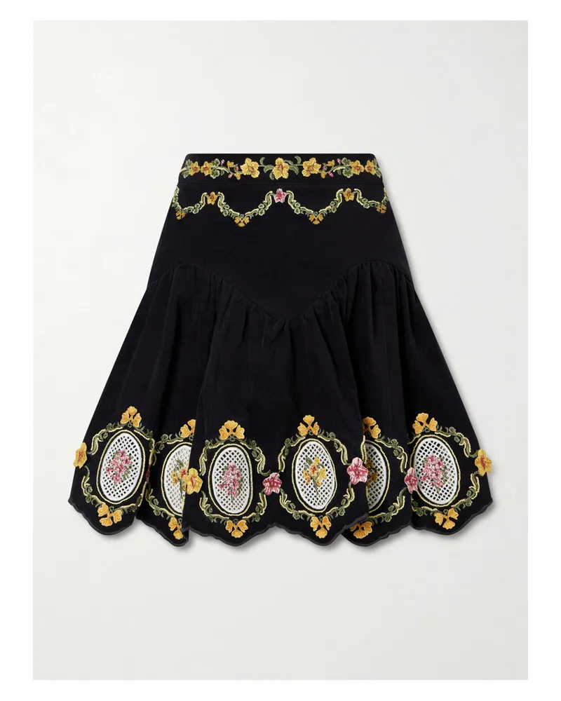 AGUA BENDITA Asai Cordillera Scalloped Embroidered Cotton-blend Velvet Mini Skirt - Black Black