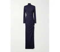 Embellished Ruched Jersey Turtleneck Maxi Dress - Blue