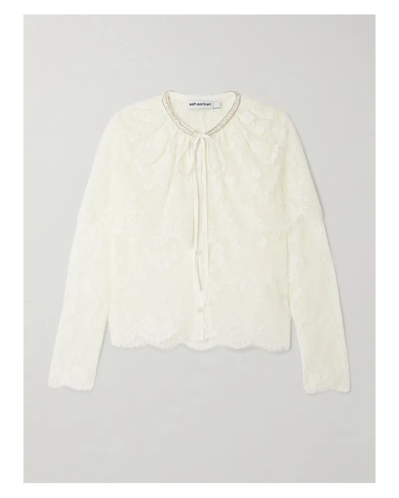 Self-Portrait Bluse Aus Spitze Mit Wellenkante, Verzierungen Und Cape-effekt - Weiß Weiß