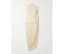 Asymmetric Draped Appliquéd Mesh And Stretch-jersey Dress - Neutrals