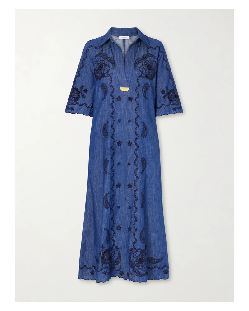 Zimmermann Aster Embroidered Denim Midi Dress - Blue Blue