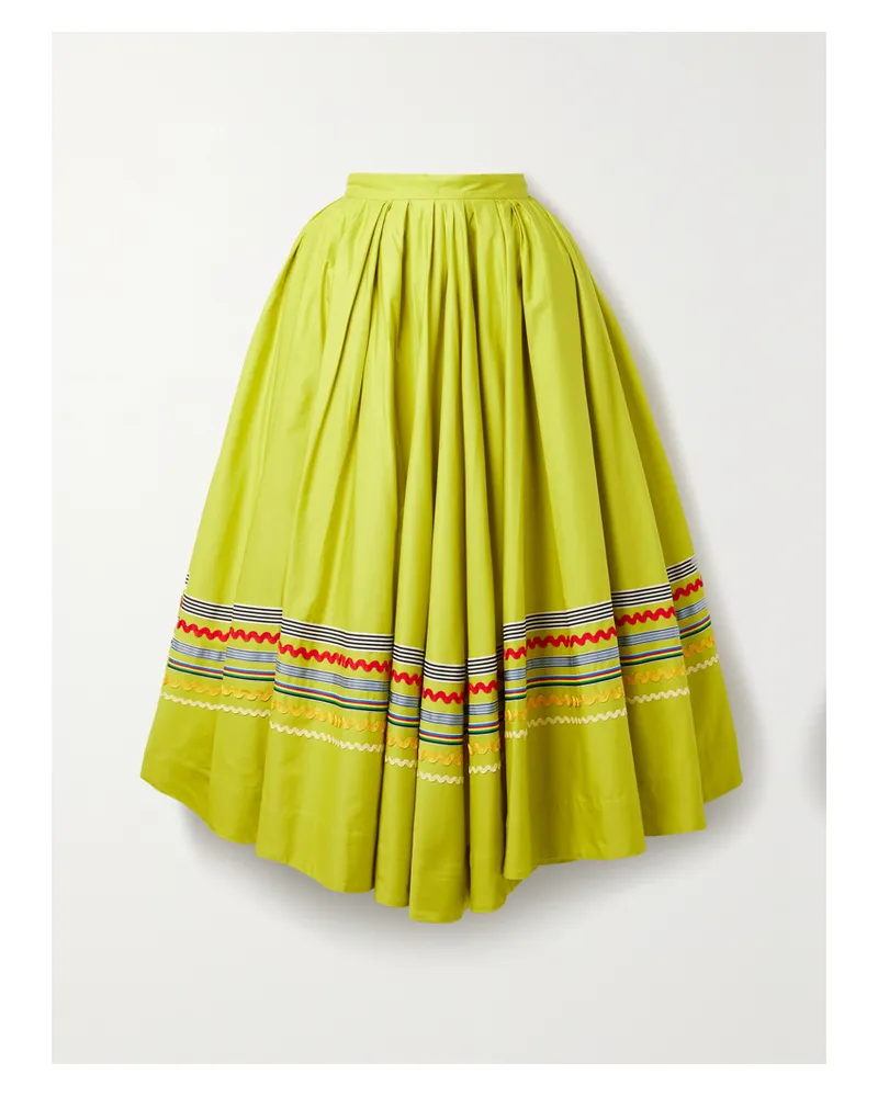 Christopher John Rogers Midirock Aus Baumwolle Mit Besätzen Aus Gestreiftem Ripsband, Falten Und Zackenlitzen - Gelb Gelb