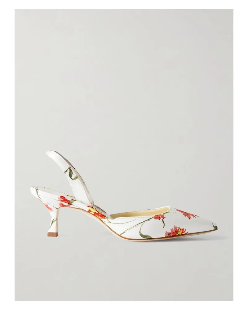 Manolo Blahnik Carolyne 50 Slingback-pumps Aus Satin Mit Blumenprint - Weiß Weiß