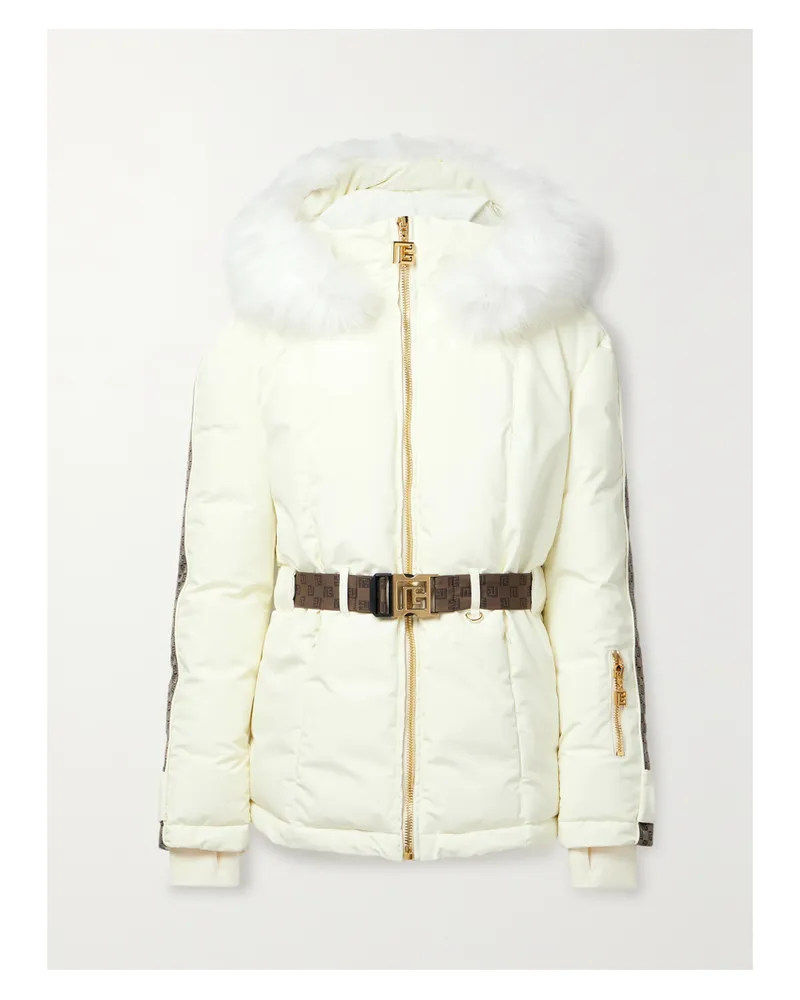 Balmain Skijacke Aus Shell Mit Jacquard- Und Faux-fur-besätzen, Kapuze Und Gürtel - Elfenbein Elfenbein
