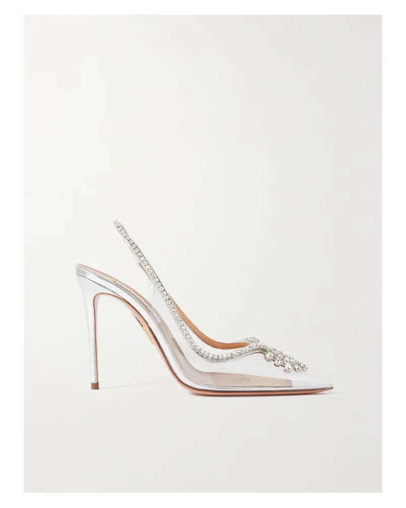 Aquazzura Seduction 105 Slingback-pumps Aus Metallic-leder Und Pvc Mit Kristallen - Silber Silber
