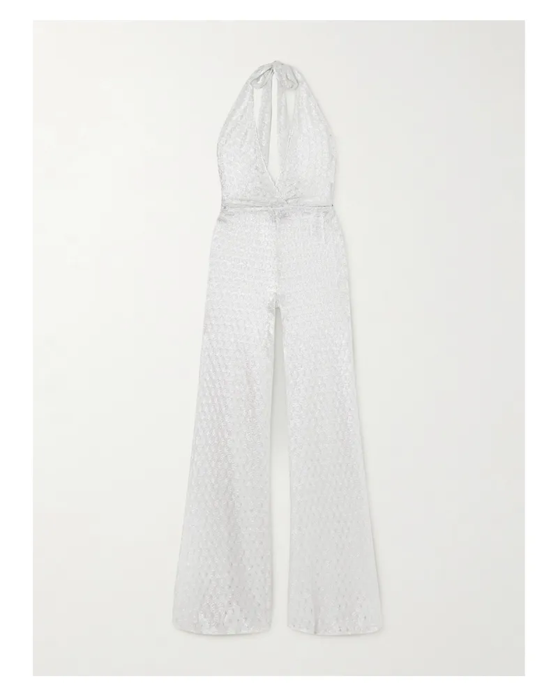 Missoni Neckholder-jumpsuit Aus Metallic-häkelstrick - Weiß Weiß
