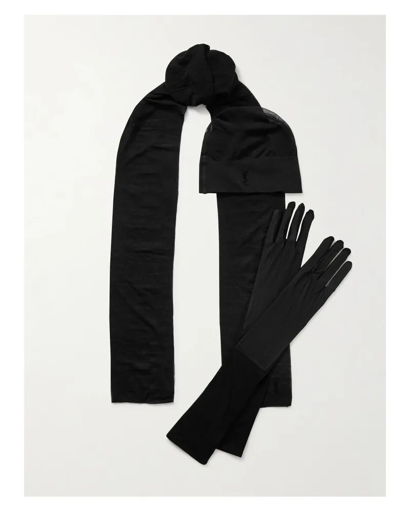 Saint Laurent Set Aus Beanie, Schal Und Handschuhen Aus Stretch-strick - Schwarz Schwarz