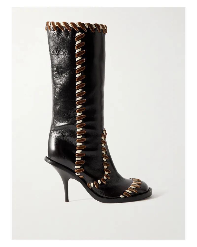 Dries van Noten Kniehohe Stiefel Aus Leder Mit Ripsband- Und Samtbesätzen - Braun Braun