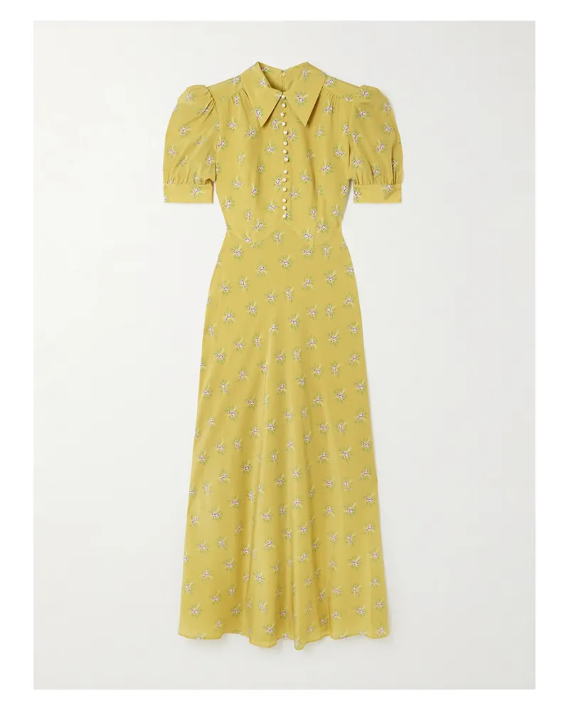 Alessandra Rich Midikleid Aus Crêpe De Chine Aus Seide Mit Blumenprint Und Verzierungen - Gelb Gelb